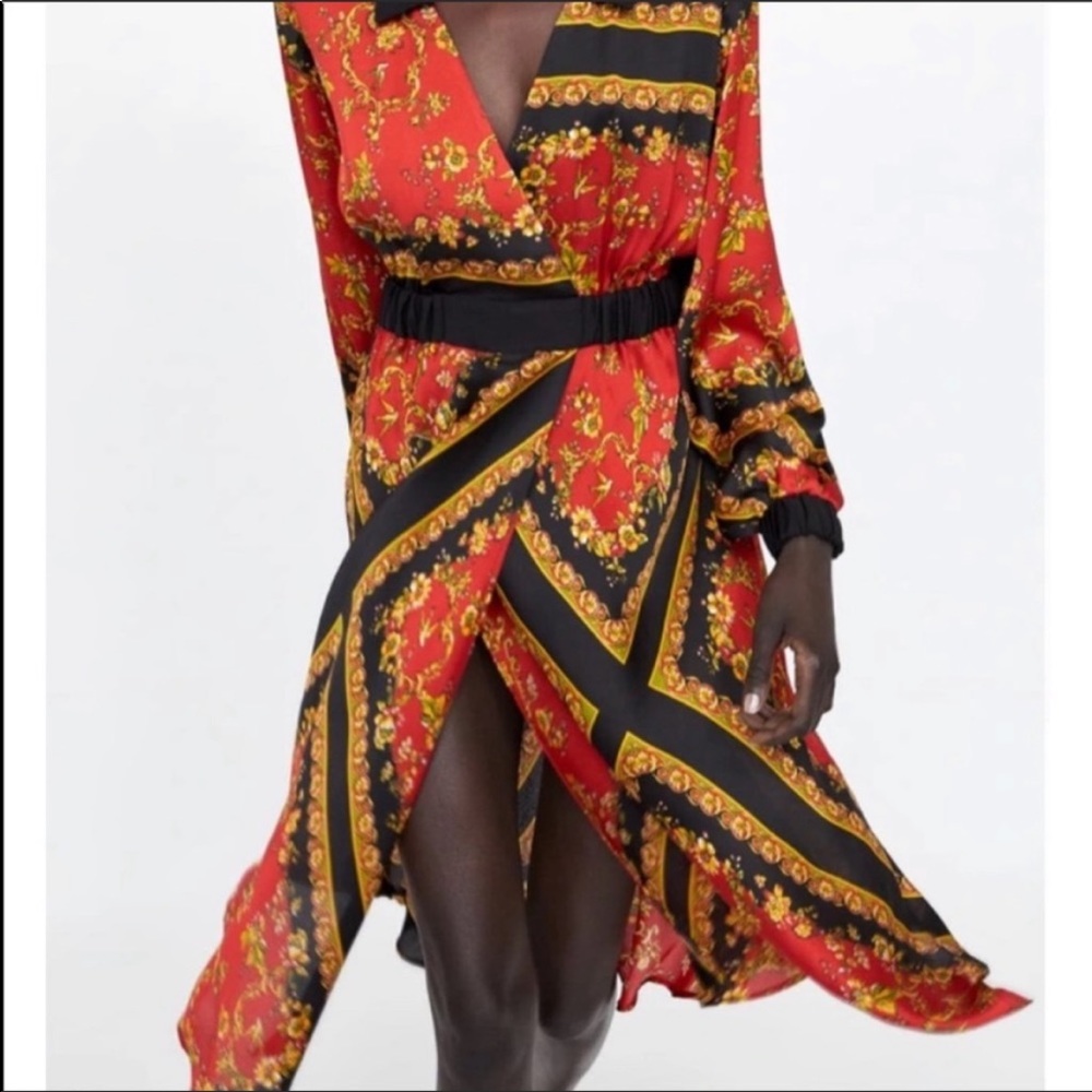 Zara red scarf print midi dress XS